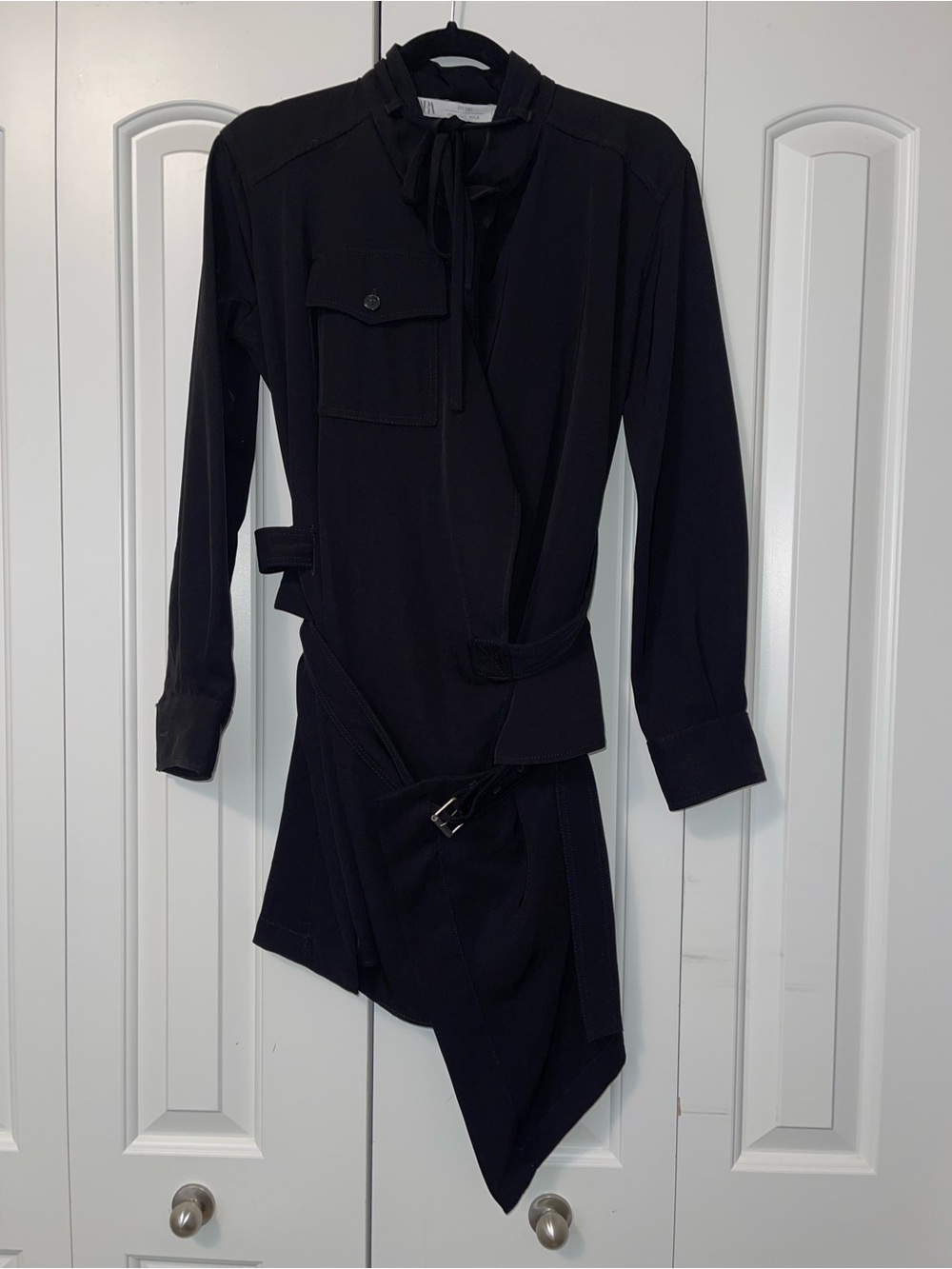 Zara Black Asymmetrical Long-Sleeve Dress with Tie-Neck